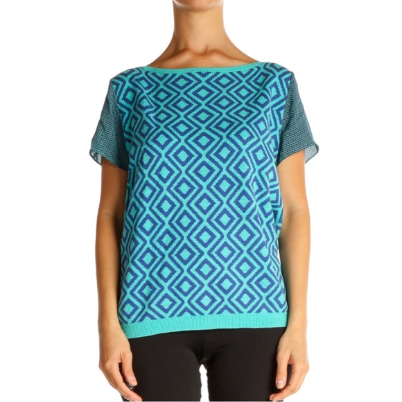 Ann Taylor Loft  Short Sleeve Sweater Geometric Diamond Print Aqua Blue Size XS - Picture 1 of 14